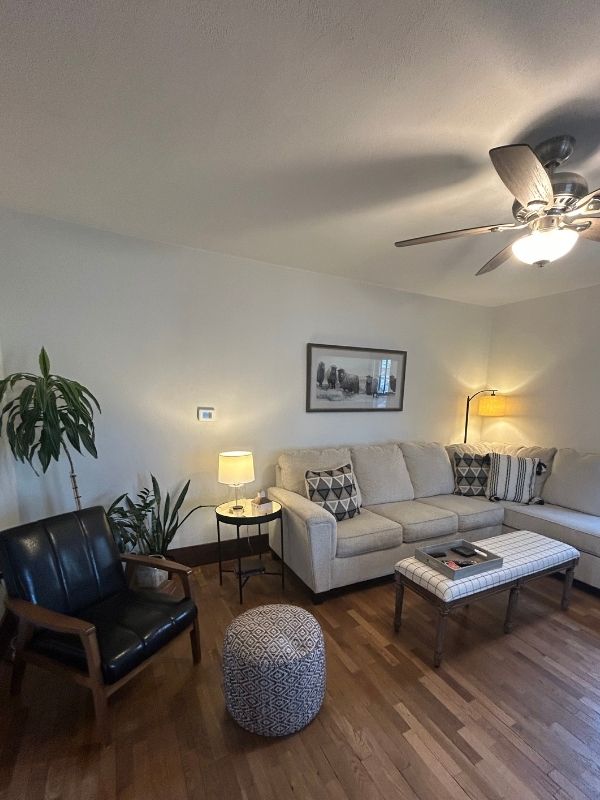 Close up shot of remodeled living room with repaired drywall.